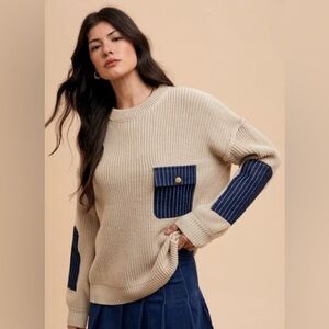Annie Wear Contrast Denim Pocket Arm Patches Drop Shoulder Tan Sweater 1x